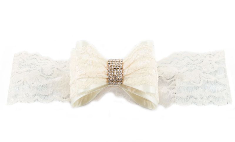 Lace Headband with Large Bows and Rhinestone - White (Size: 3 Months - 7 Years)