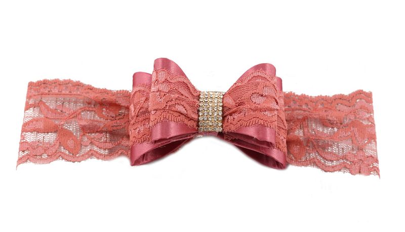 Lace Headband with Large Bows and Rhinestone - Mauve (Size: 3 Months - 7 Years)