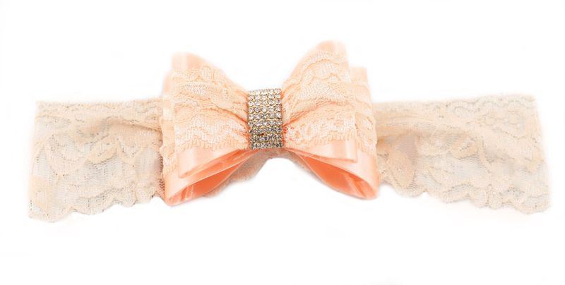 Lace Headband with Large Bows and Rhinestone - Peach (Size: 3 Months - 7 Years)