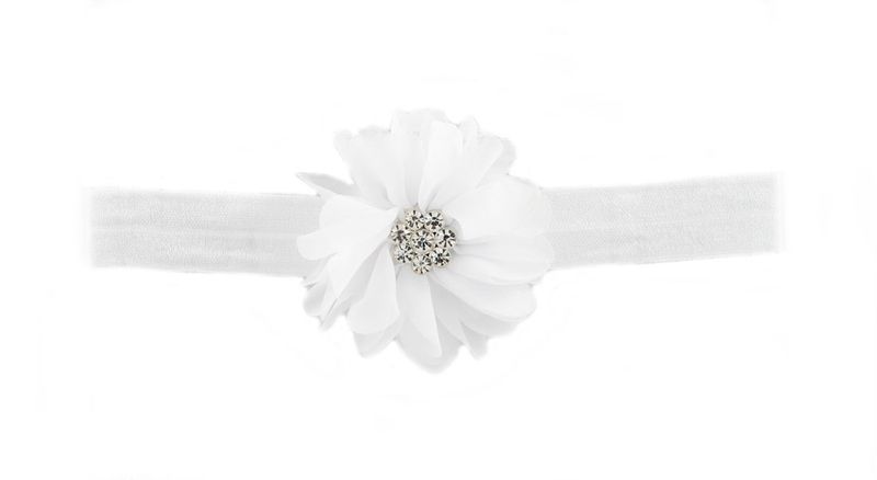 Elastic Headband with Chiffon Flower and Rhinestone - White (Size: 3 Months - 7 Years)