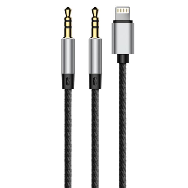 Baseus 1.2m 3.5mm AUX to Lightning &amp; 3.5mm AUX Audio Cable - Black &amp; Silver