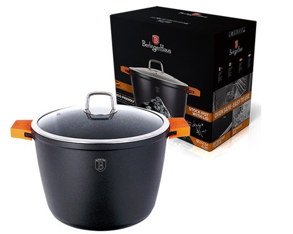 Berlinger Haus 24cm Marble Coating Oven Safe Stock Pot with Lid Black - Granit Diamond Line