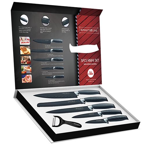 Royalty Line 5-Piece Non-Stick Coating Knife Set with Ceramic Peeler Black