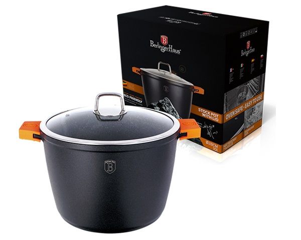 Berlinger Haus 28cm Marble Coating Oven Safe Stock Pot with Lid Black - Granit Diamond Line