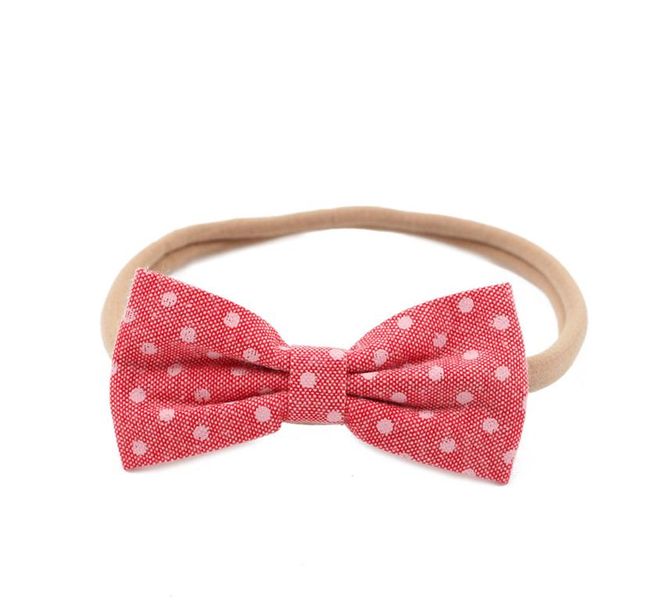 Handmade Fabric Bow Headband On Nylon Elastic - Pink Polka Dot