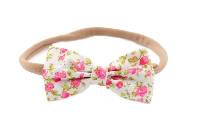 Handmade Fabric Bow Headband On Nylon Elastic - White Floral (Newborn -7 Years)