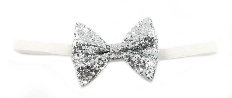 Handmade Shimmery Bow Headband - Silver On White (3 months - 7 years)