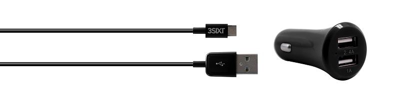 3SIXT 3.4A Dual Micro USB Car Charger With Cable - Black