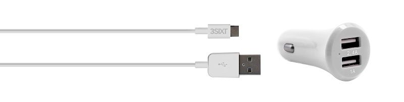 3SIXT 3.4A Dual Micro USB Car Charger With Cable - White