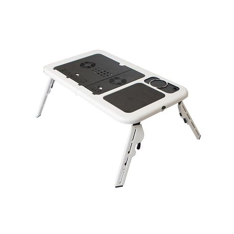 Folding laptop table with cooling outlet fan