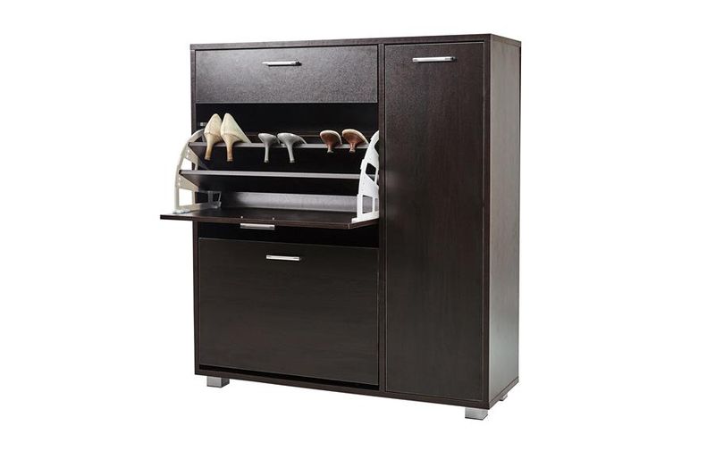Hazlo Storage Cabinet with Fold-Out Shoe Rack &amp; Drawer - Black Walnut
