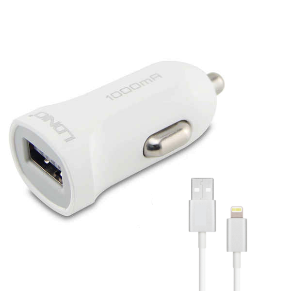 Ldnio 5V 1A Single Port Usb Car Charger With Free Lightning Iphone Data &amp; Charging Cable - White