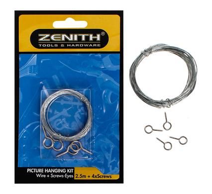 Bulk Pack 12 X Picture Wire 2.5m &amp; 4 x Screw Eyes Zenith
