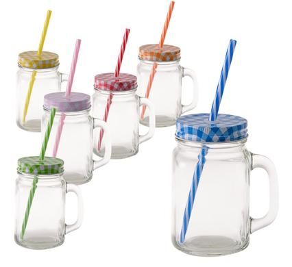 Bulk Pack 8 x Drinking Jar Glass + Straw 450ml - Assorted colours