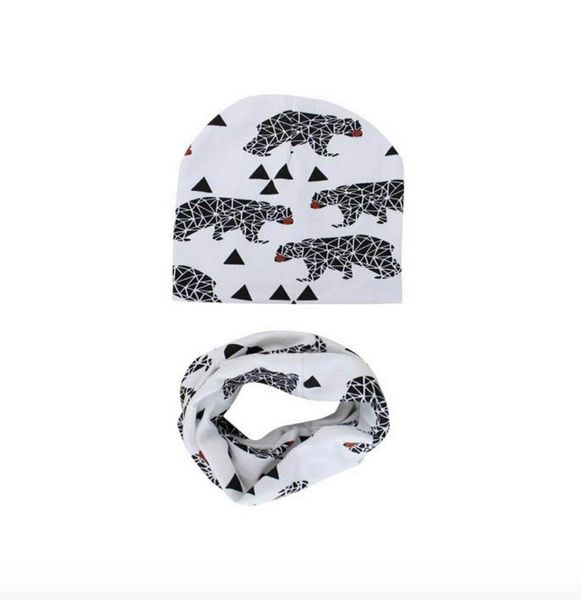 Baby Beanie &amp; Cowl Set - Bears On White