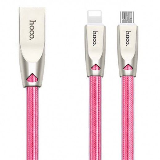 HOCO U9 Zinc Alloy Jelly-Knitted Dual USB 1.2M Charger Cable for iPhone &amp; Android - Pink