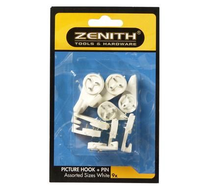 Bulk Pack 6 x Zenith Picture Hook &amp; Pin Assorted - Card of 9