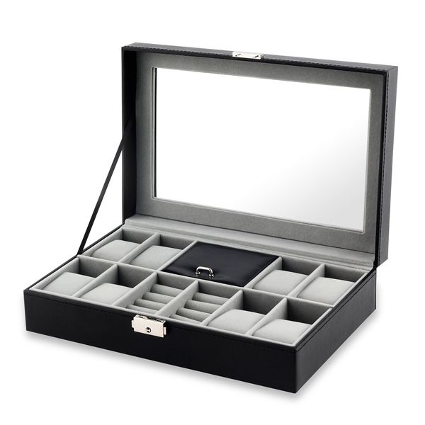8 Slots PU Leather Jewelry Display Case With Lock &amp; Glass Top - Black