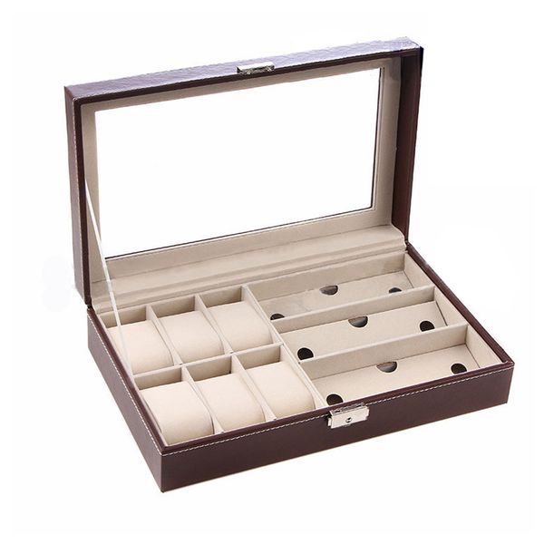PU Leather 6 Watch/3 Piece Eyeglasses Display Case Organizer - Brown