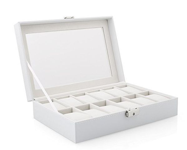 12 Slot PU Leather Watch Display Jewelry Case Organizer - White