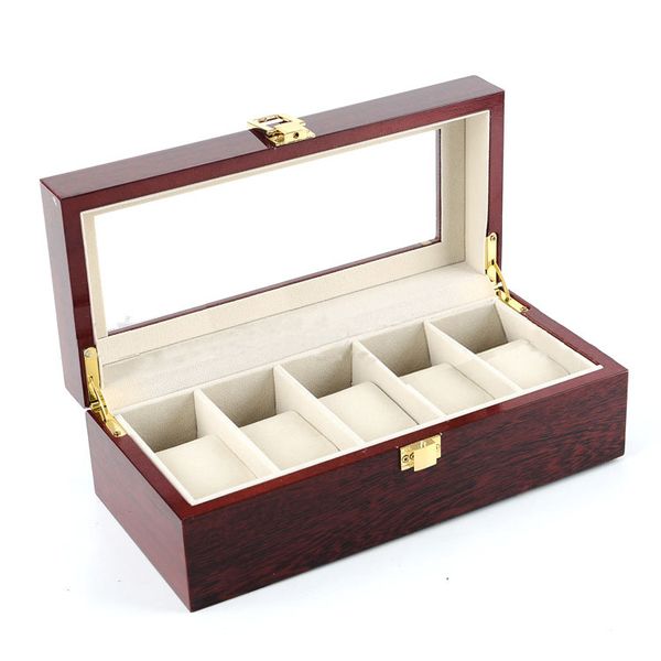 5 Grid Wooden Jewelry Display Collection Case - Cherry Wood Finish