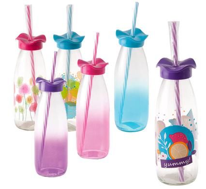 Bulk Pack 5 X Drinking-Bottle Glass with Straw 500ml - Assorted