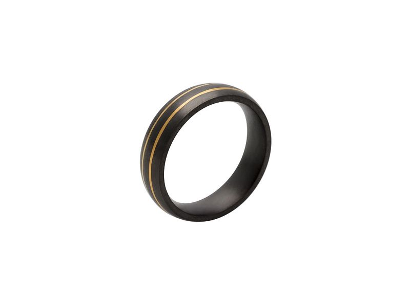 Genuine Black Titanium 6mm Men's Half Round Wedding Band With Two 14ct Yellow Gold Inlays