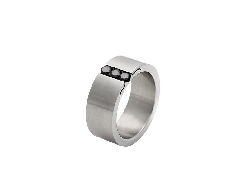 Stainless Steel 9mm Men's Flat Wedding Band With 3x 0,10ct Black Diamond