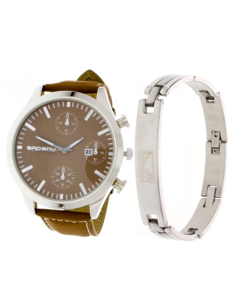 Bad Boy Gents Watch Set - Strap Leatherette With Steel Bracelet