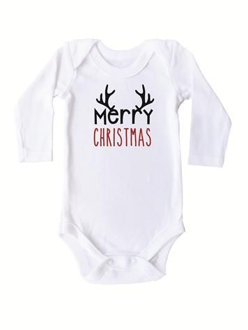 Stickaninja Merry Christmas with Antlers Long Sleeve Onesie - White with Black &amp; Red Print