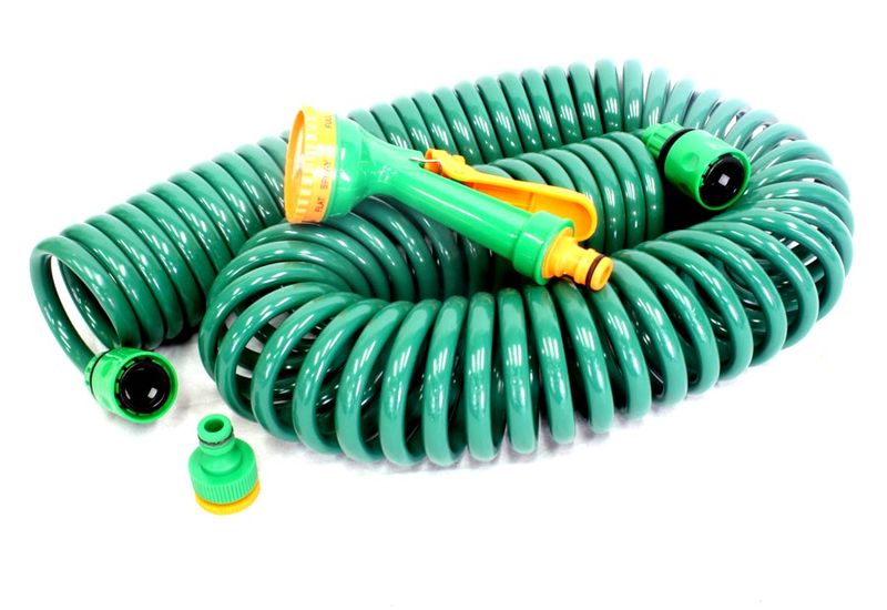 15m Coiled Garden Hose &amp; Attachement Kit
