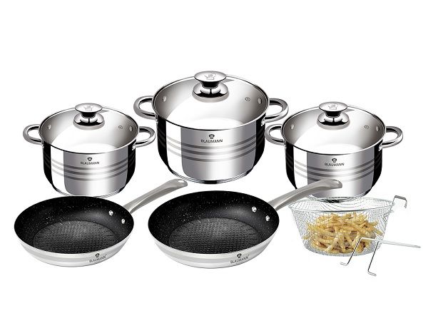 Blaumann 10-Piece Stainless Steel Jumbo Cookware Set With Marble Coating Fry Pans Bl-3243