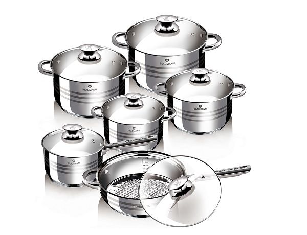 Blaumann 12-Piece Stainless Steel Jumbo Cookware Set With Glass Lid - Bl-1031