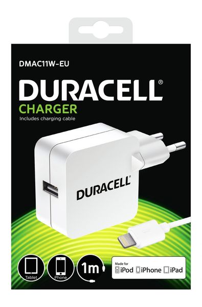 Duracell Wall Charger with 8 Pin MFI Cable 2.4A - White