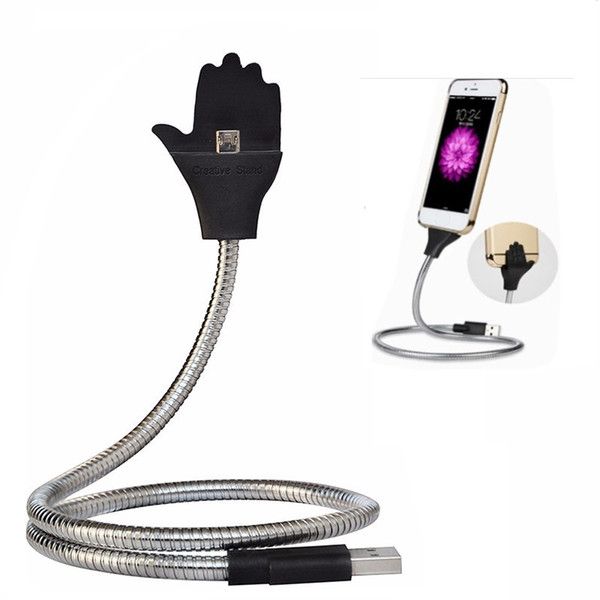 Flexible Metal Cable Smart Phone Stand - Micro USB - Silver