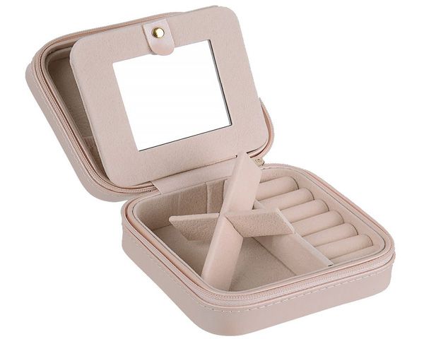 PU Leather Jewelry Case with Zipper - Beige