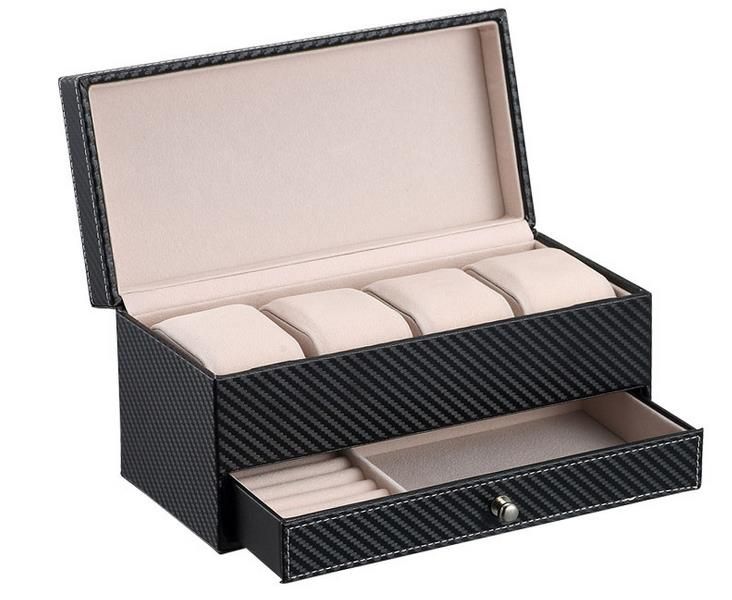 4 Slot Leather Watch Storage Box Case with Drawer