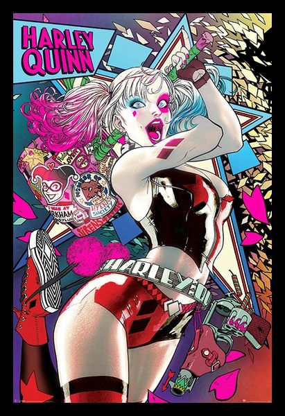Batman Harley Quinn Neon Poster with Black Frame