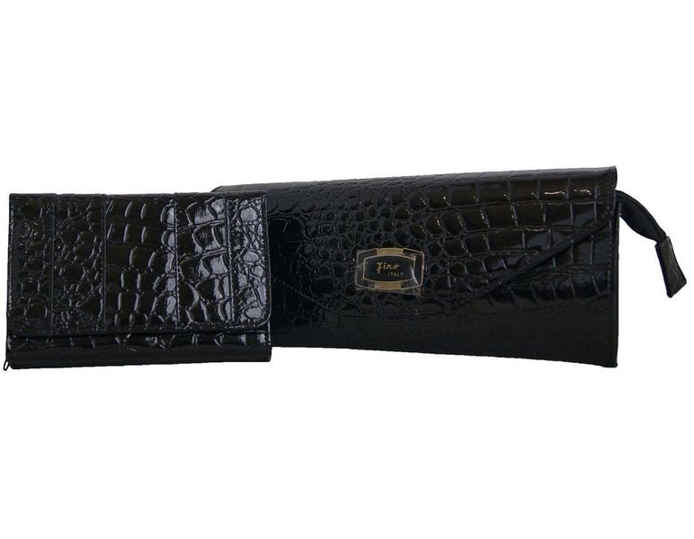 Fino Patent Faux Leather Clutch Bag with shoulder trap and Purse set- Black