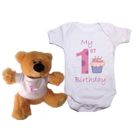 Qtees Africa My First Birthday Princess Baby Grow Teddy Bear Combo