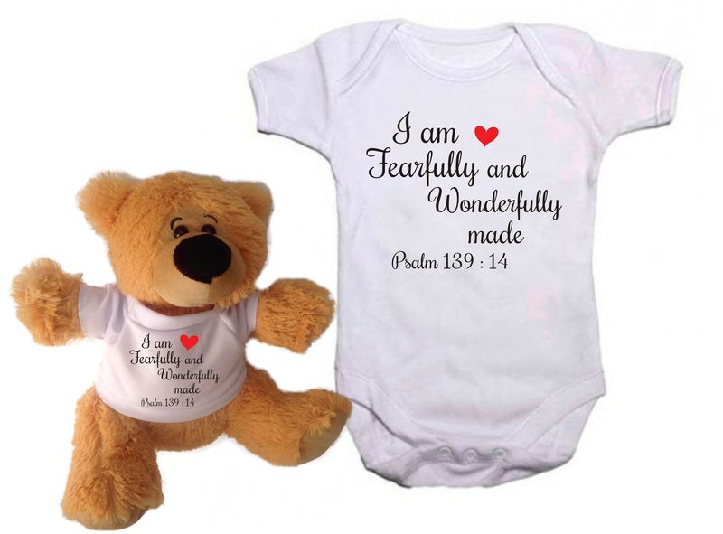 Qtees Africa I Am Fearfully And Wonderfully Made Baby Grow &amp; Teddy Bear Combo (Size: 0-3 Months)