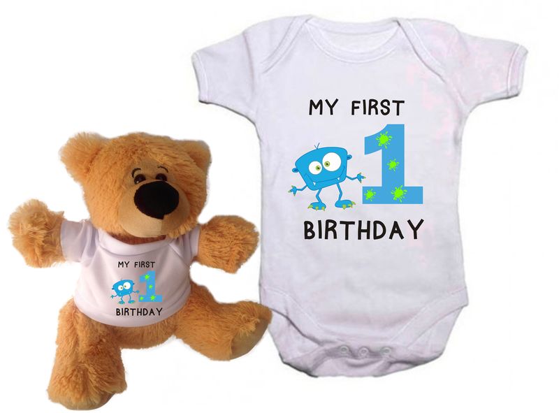 Qtees Africa My First Birthday Monster Baby Grow &amp; Teddy Bear Combo (Size: 0-3 Months)