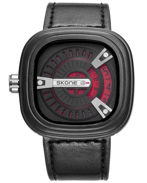 Skone Wembley Black Leather Mens Watch - Red
