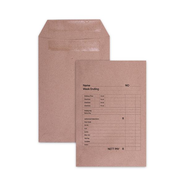 LEO Manilla Printed Wage Envelopes Self Seal - Open Short Side - Box of 500