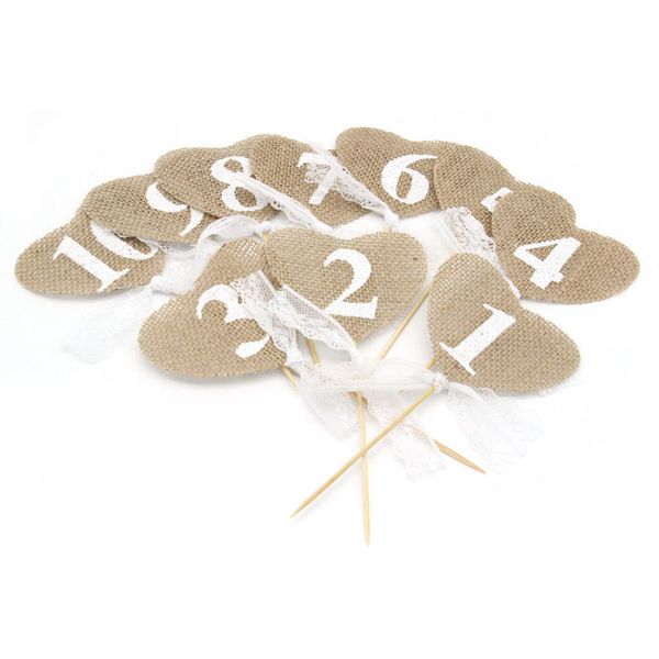 Hessian Vintage Wedding Heart shaped Table Numbers 1-10