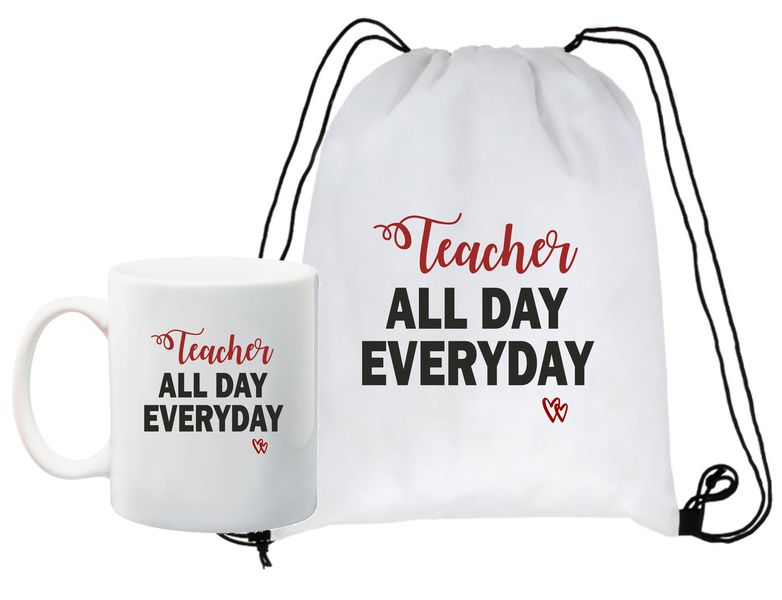 Qtees Africa Teacher All Day, Everyday White Printed Mug &amp; Drawstring Bag C