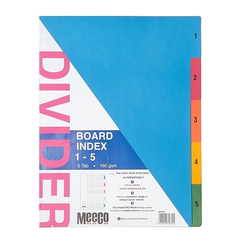Meeco - Index/File Divider - Board Multi Colour 1-5 Tab Numbered