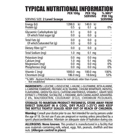 NPL Amino Burn 200g - Nutritional Information