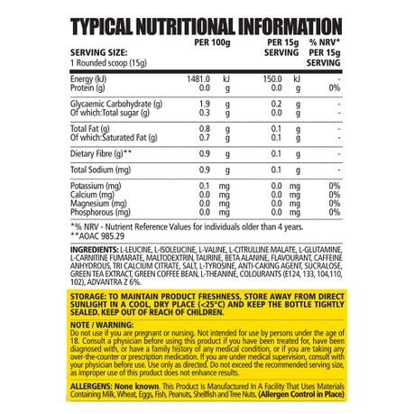 NPL Amino Pre-Load 300g - Nutritional Information
