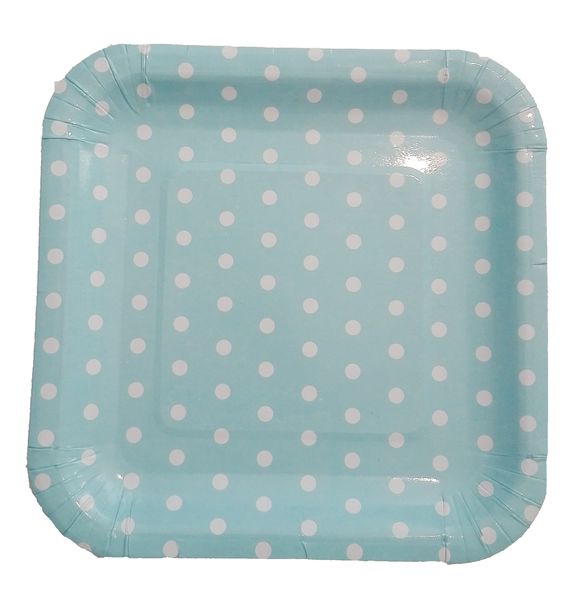 Bulk Pack of 5 Polka Dot Square Paper Plates - Light Blue (10 Piece)